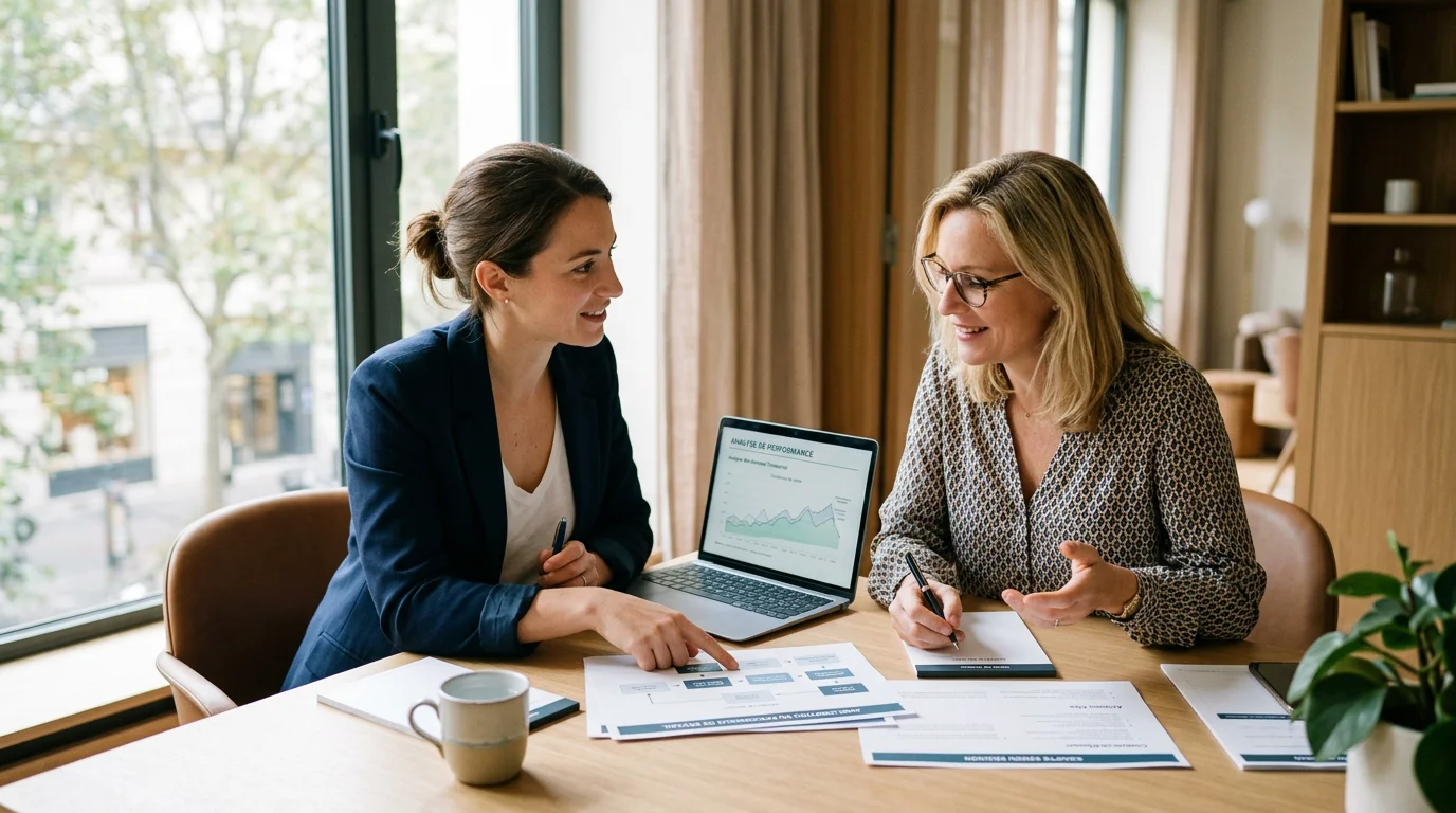 Deux consultants travaillant sur un schéma de processus métier