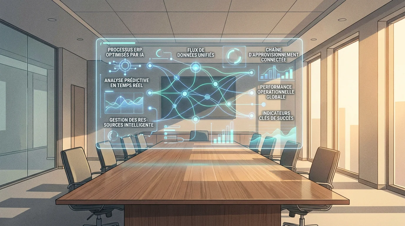 Tableau de bord numérique illustrant l'intelligence artificielle intégrée à un système ERP