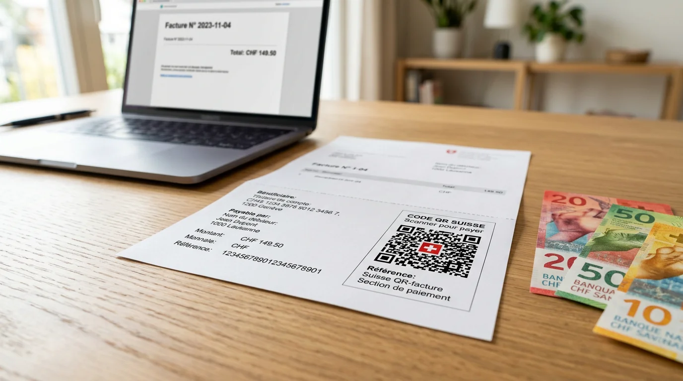 Section paiement d'une QR-facture suisse posée sur un bureau à côté d'un ordinateur portable