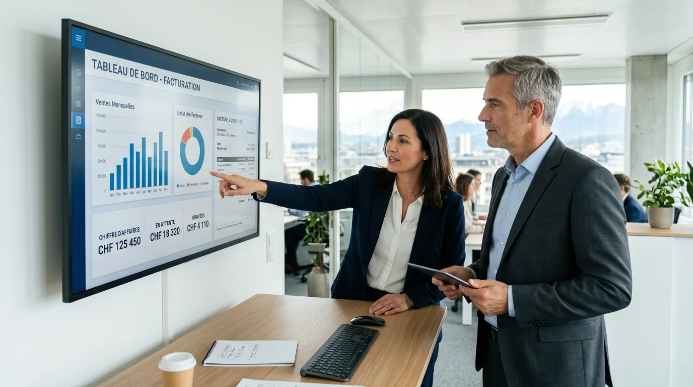Deux professionnels analysant un tableau de bord de facturation sur un écran dans un bureau suisse