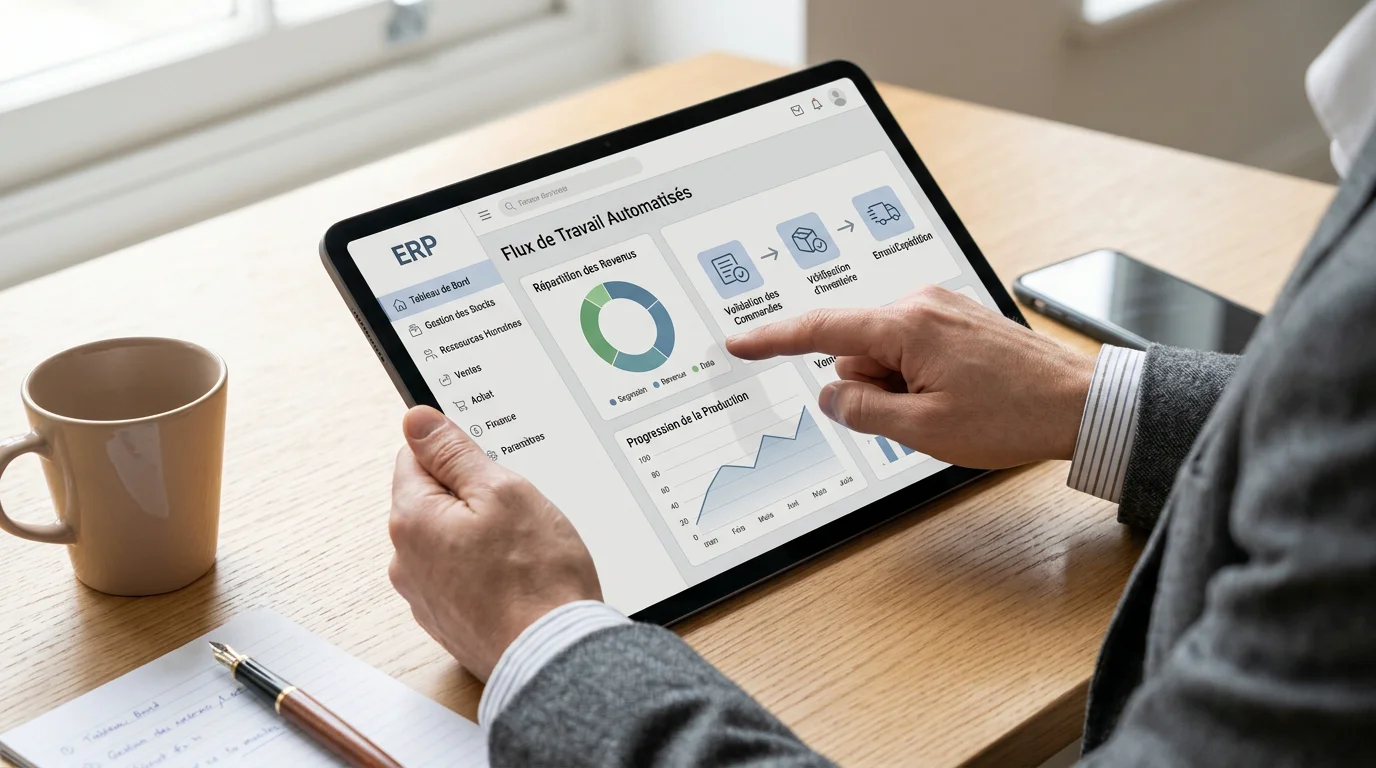 Professionnel utilisant un ERP enrichi par l'IA sur une tablette