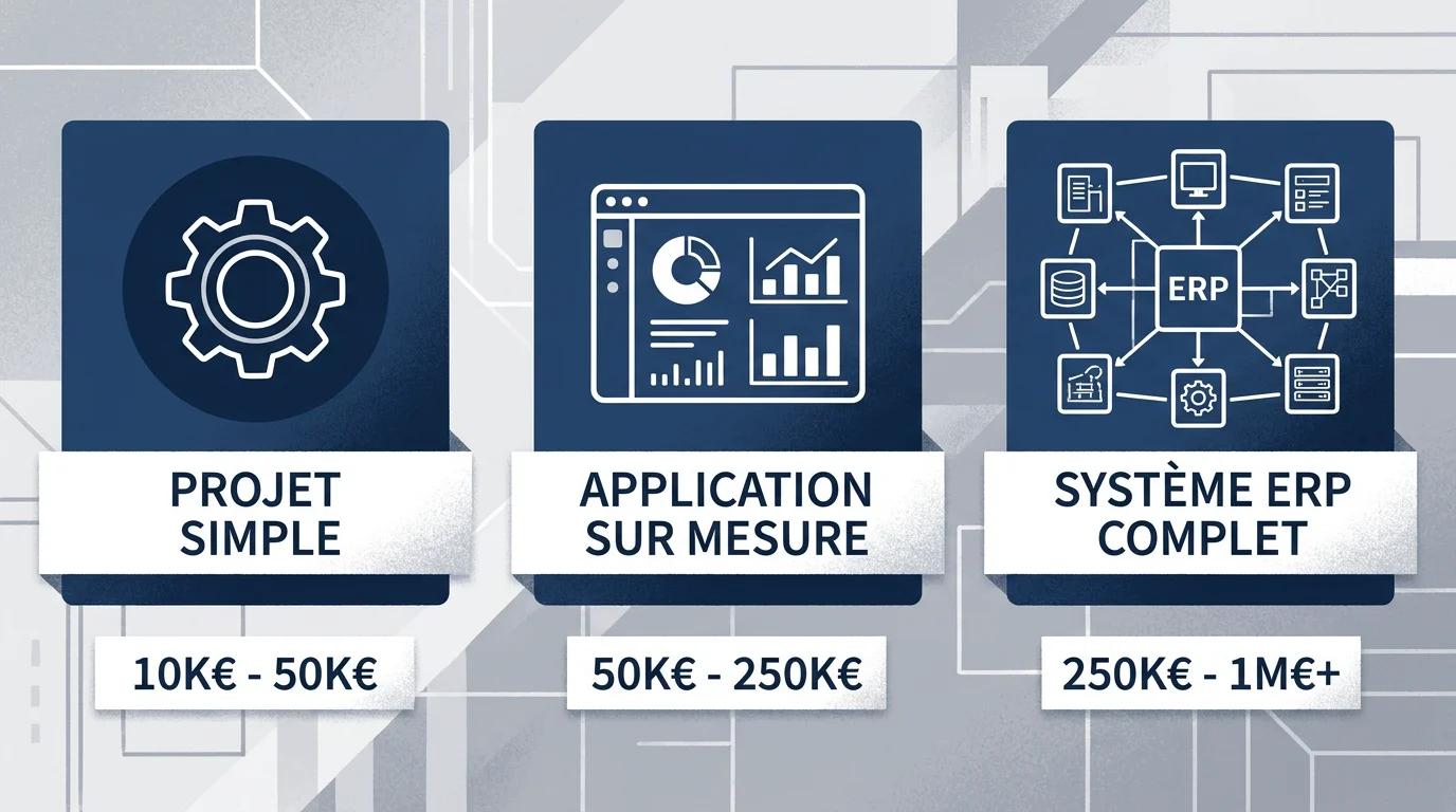Illustration des trois niveaux de budget pour un logiciel sur mesure en 2026