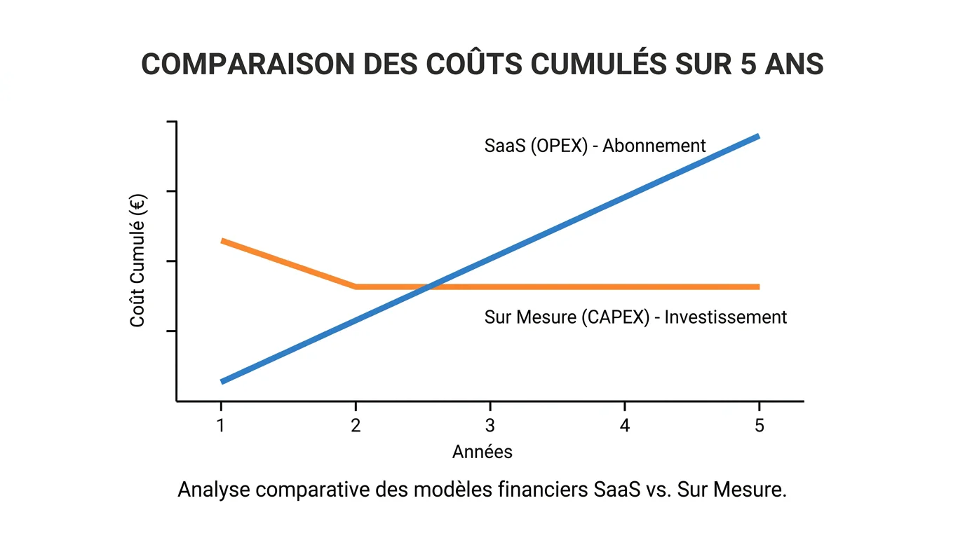 Comparaison graphique du coût cumulé SaaS versus logiciel sur mesure sur 5 ans