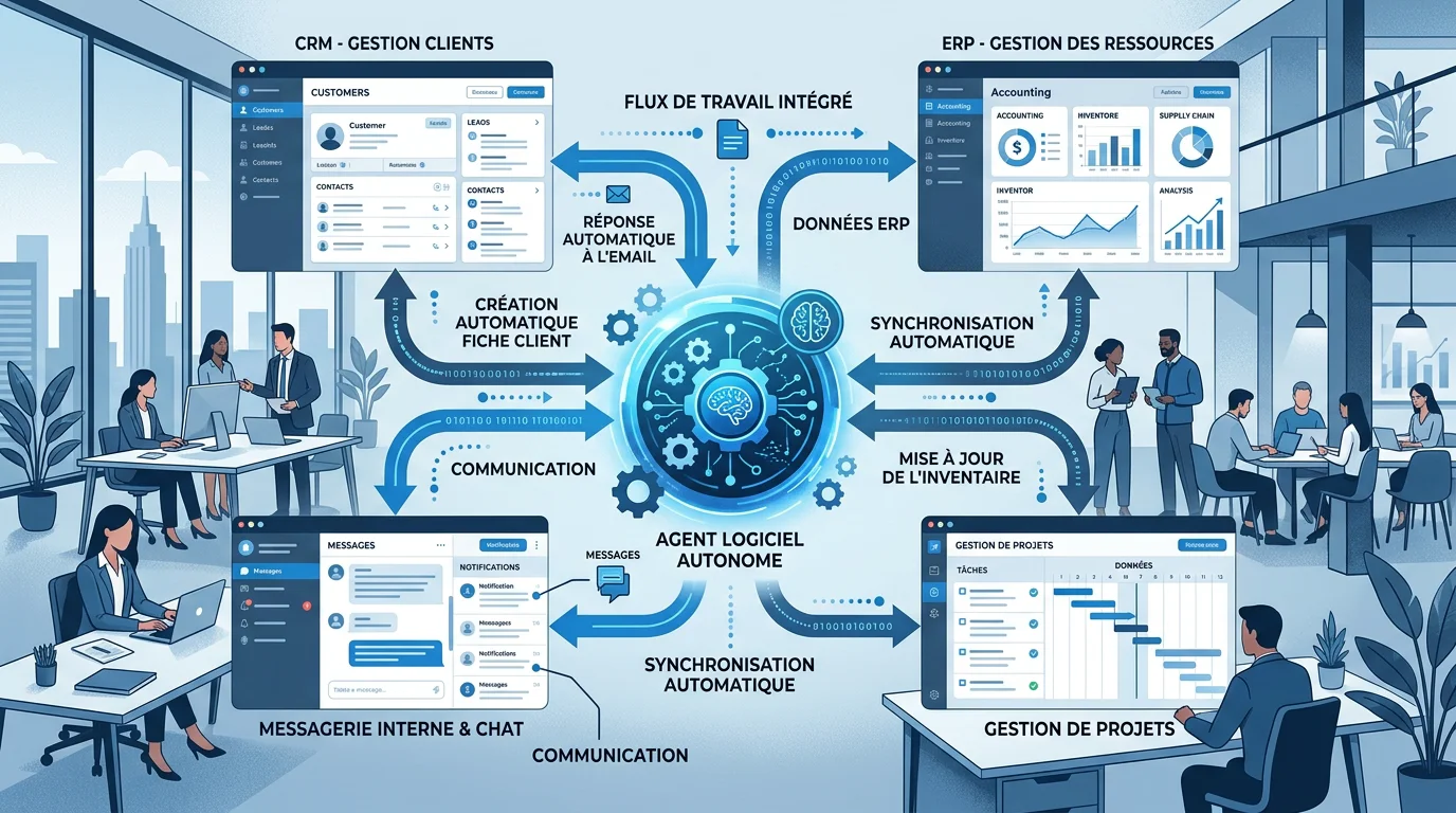 Schéma d'un agent IA connecté aux outils métiers d'une entreprise