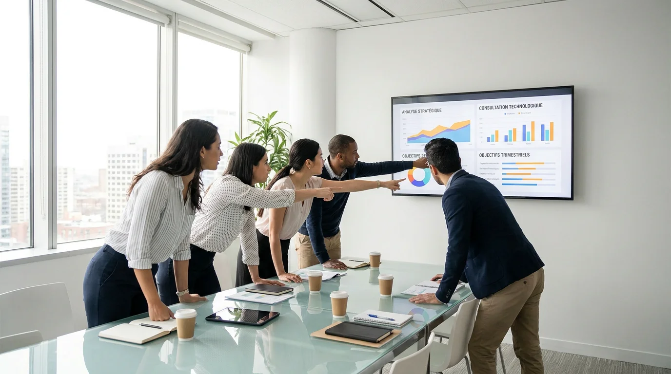 Réunion stratégique de conseil IT avec des professionnels analysant des tableaux de bord numériques