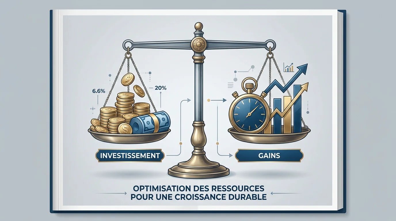 Infographie illustrant l'équilibre entre investissement initial et gains de productivité d'un logiciel sur mesure