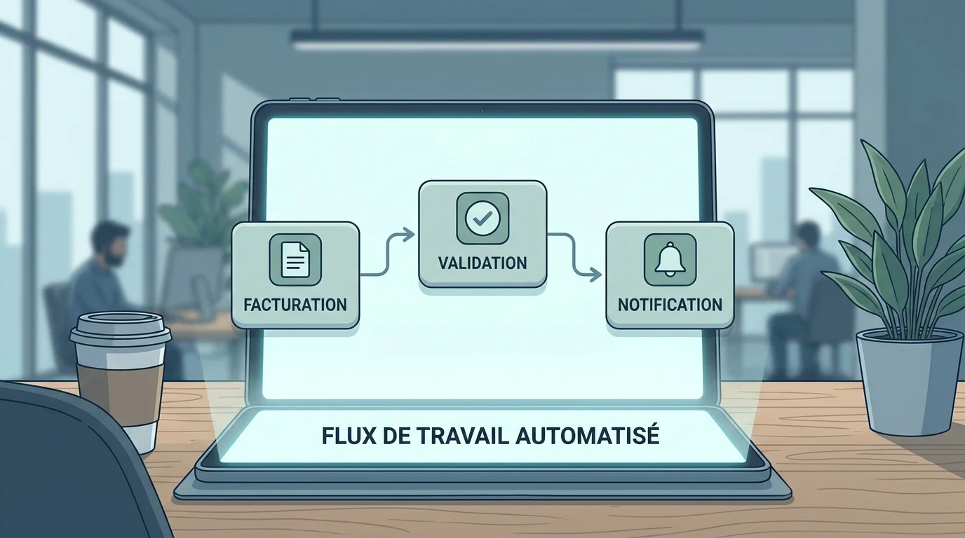 Schéma de workflow automatisé représentant les étapes clés d'un processus métier digitalisé