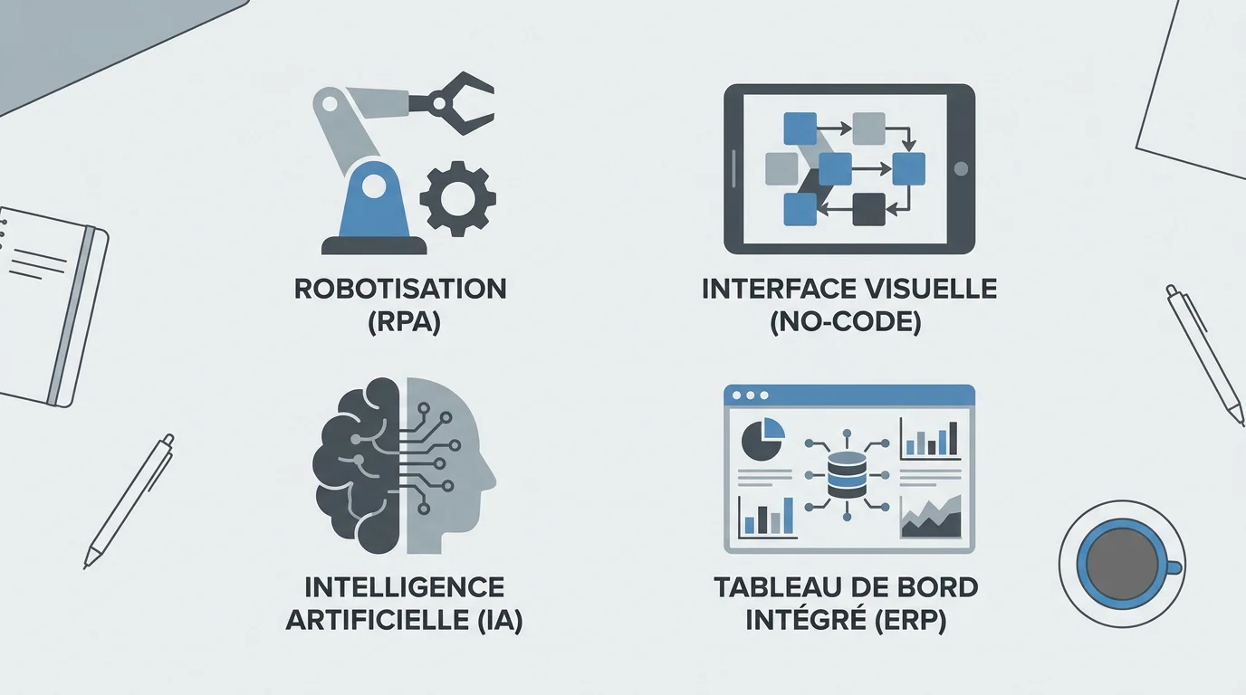 Illustration des quatre technologies clés de l'automatisation : RPA, no-code, intelligence artificielle et ERP