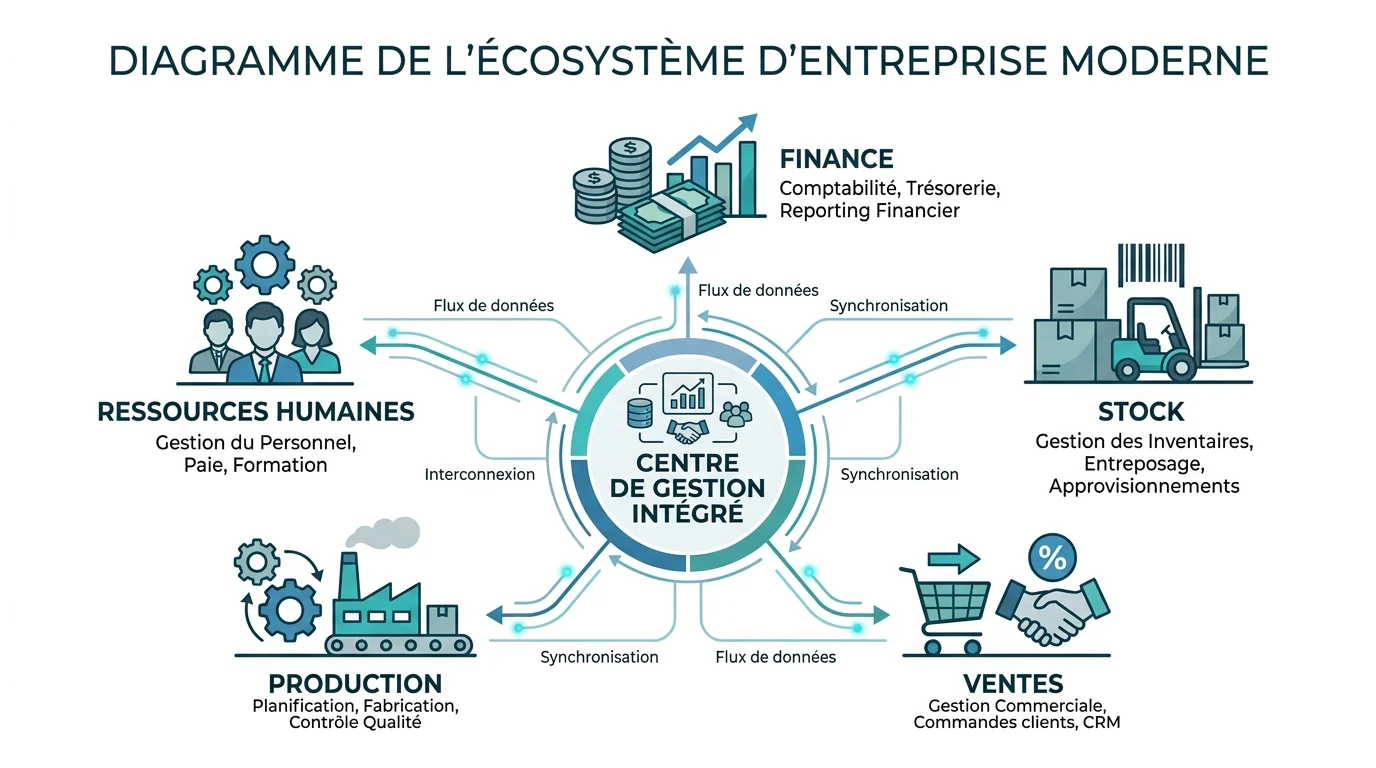 Schéma illustrant le fonctionnement d'un ERP autour d'une base de données unique