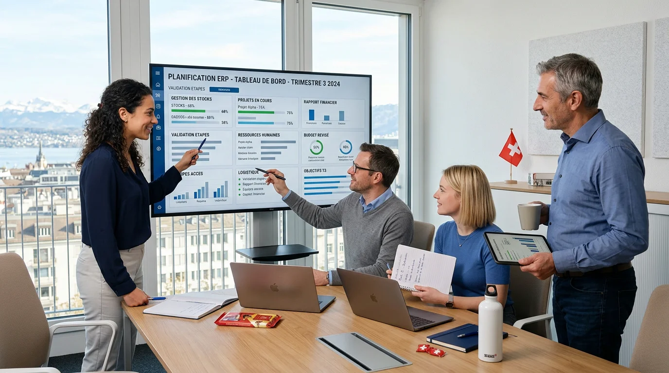 Équipe d'entreprise suisse évaluant les modèles de déploiement d'un ERP