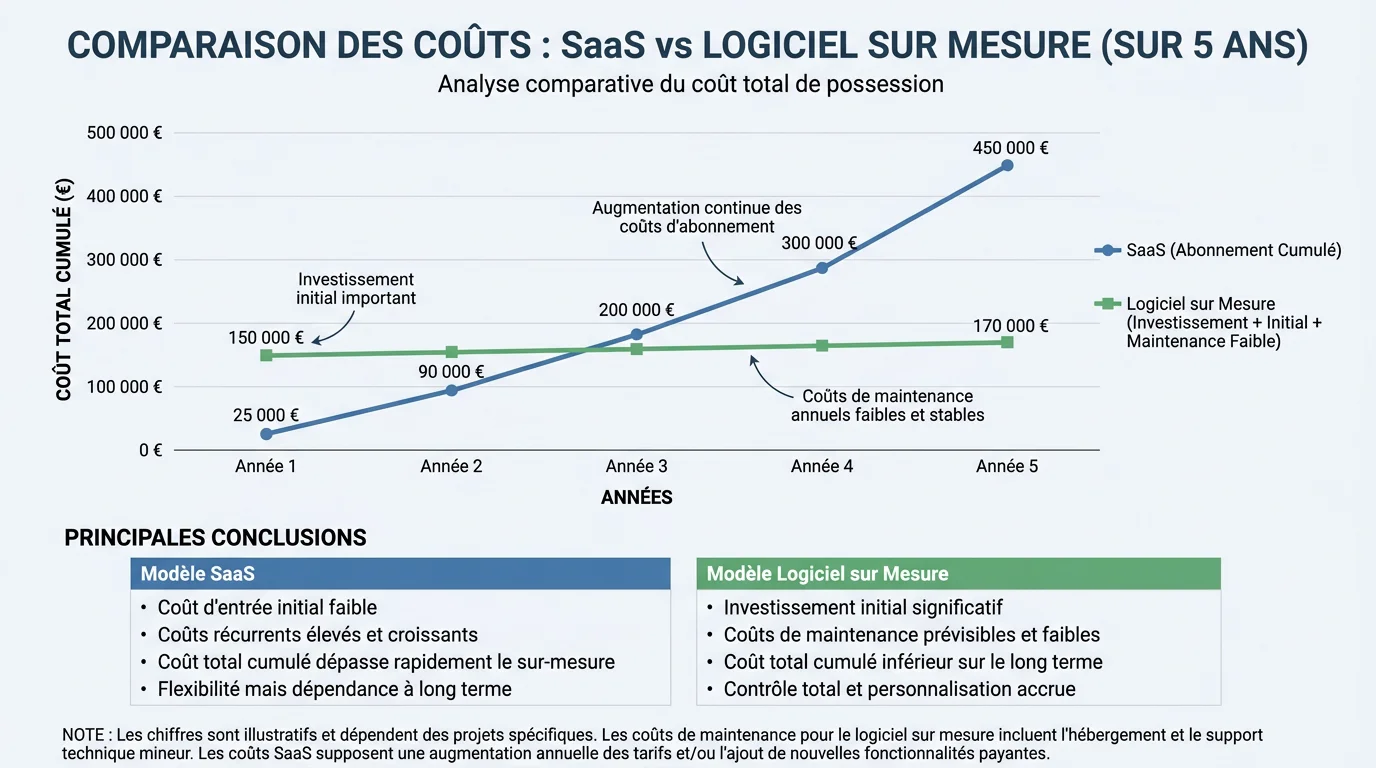 Comparaison des coûts SaaS vs logiciel sur mesure sur cinq ans